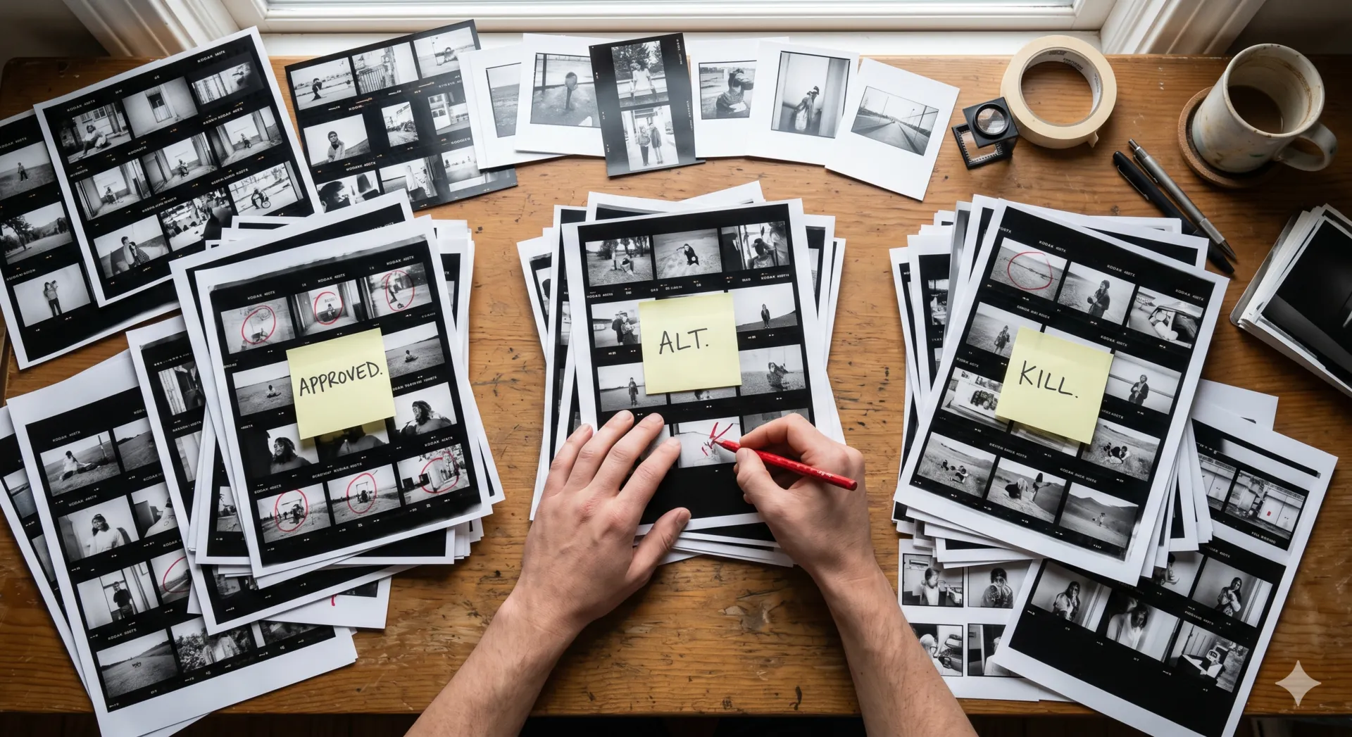 Photographer's contact sheet marked up for selects