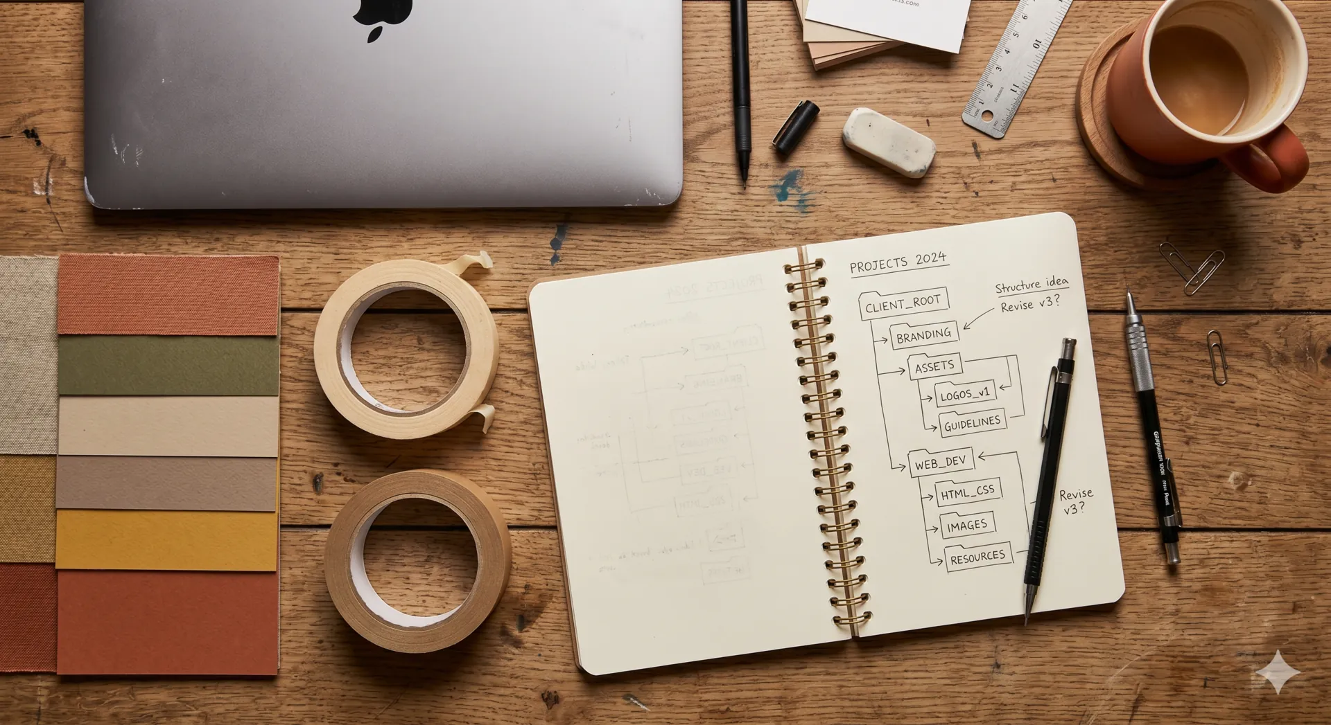 Overhead flatlay of a designer's desk with materials and swatches